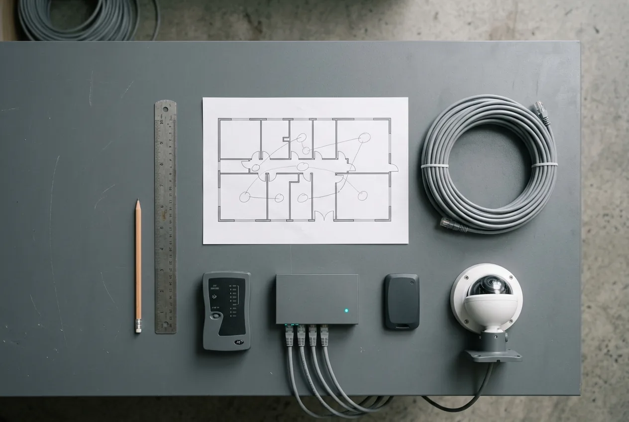 Site plan and equipment laid out on a workbench before an install