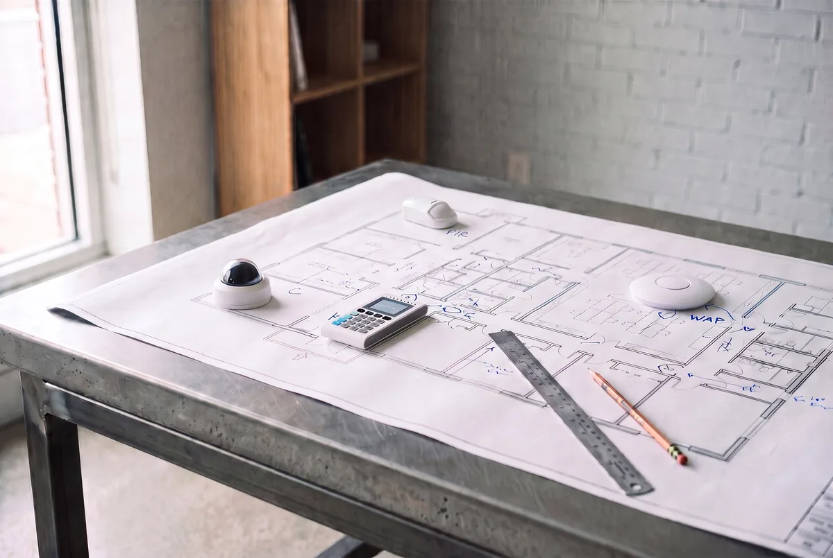 Security and network devices marked out on a site plan